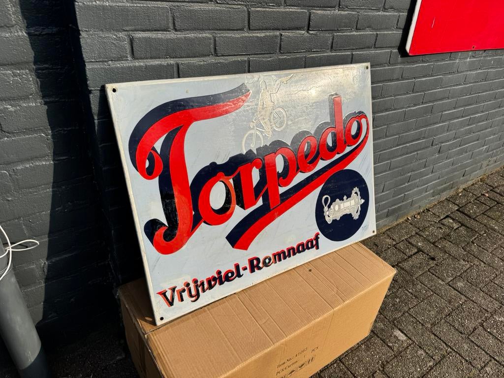 Groot Torpedo Vrijwiel-Remnaaf Emaille Reclamebord, Ophalen
