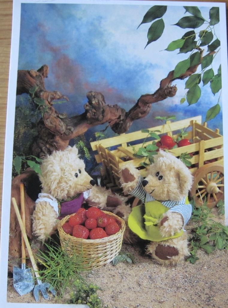 Teddyberen in de tuin met aardbeien - nieuwe ansichtkaart, Verzenden, 1980 tot heden, Ongelopen, Overige thema's
