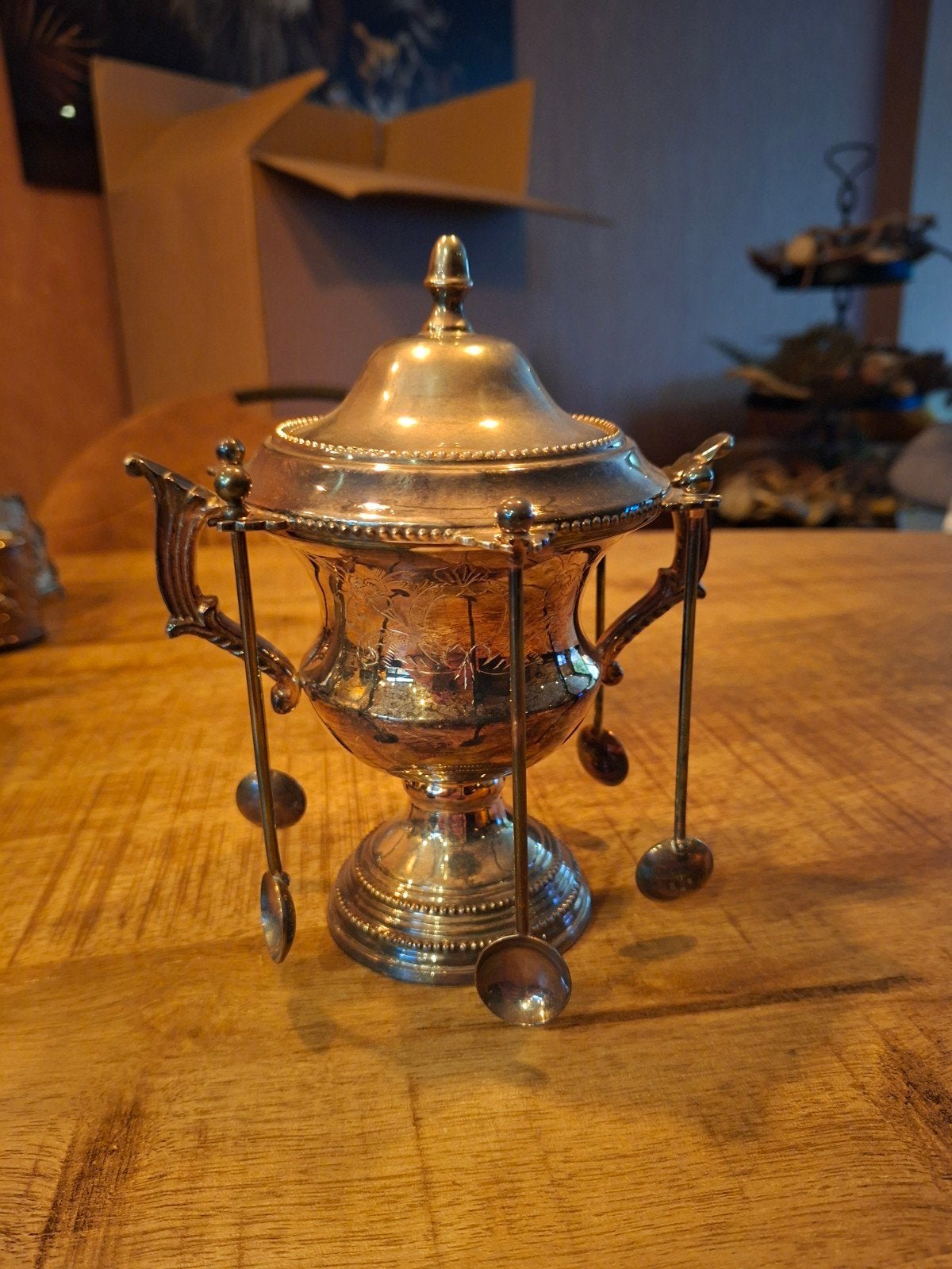 Antieke verzilverde suikerpot met lepels, Antiek en Kunst, Ophalen of Verzenden