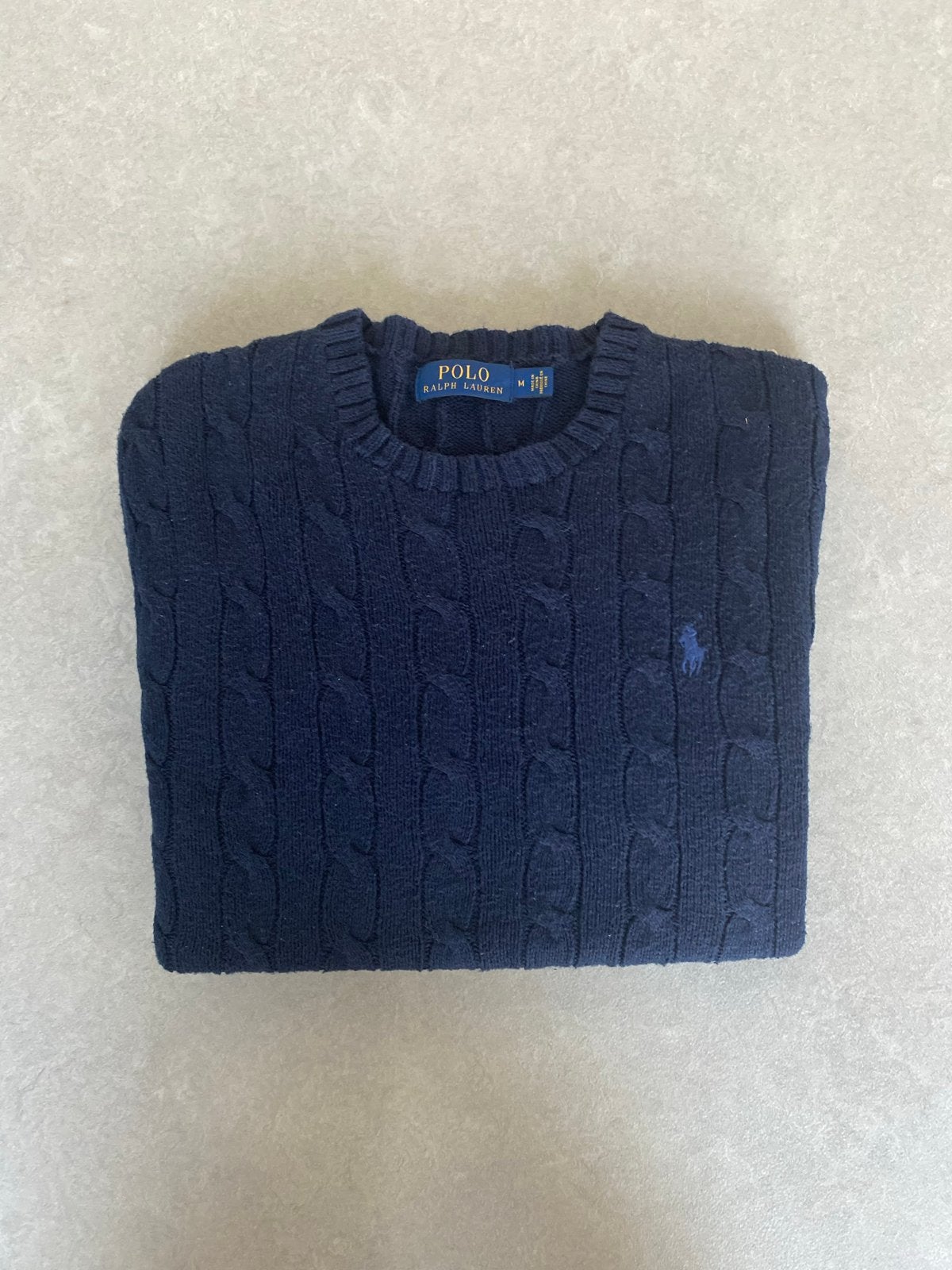 Polo Ralph Lauren kabelgebreide trui - Maat M, Ophalen of Verzenden, Zo goed als nieuw, Maat 48/50 (M), Blauw