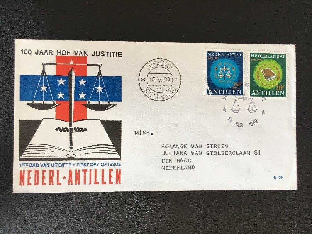 R11-E55a Antillen 1969 - FDC E55 (OP ENV.) Hof van Justitie, Ophalen of Verzenden, Gestempeld
