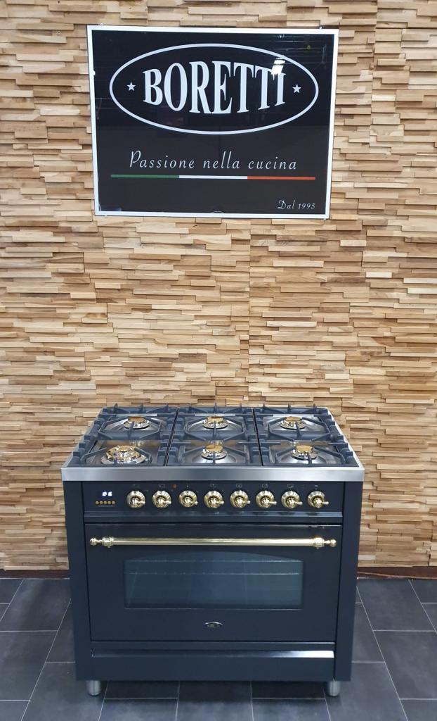 Boretti Fornuis 90cm antraciet messing/goud 6 pit 300° oven, Witgoed en Apparatuur, Fornuizen, Zo goed als nieuw, Vrijstaand, Gas