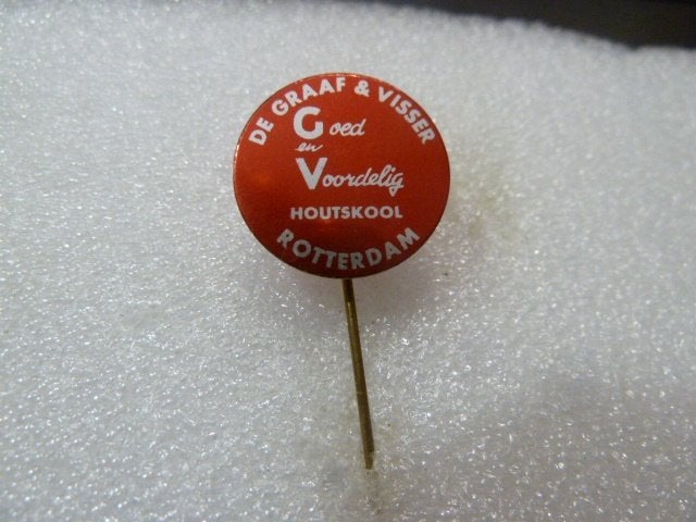 Vintage Speldje 'De Graaf & Visser Houtskool Rotterdam', Ophalen of Verzenden, Gebruikt, Overige onderwerpen, Speldje of Pin