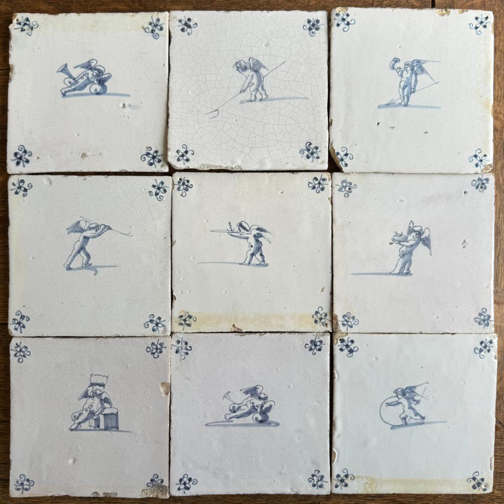Antieke Delftse tegels met amor putti engelen, Ophalen of Verzenden