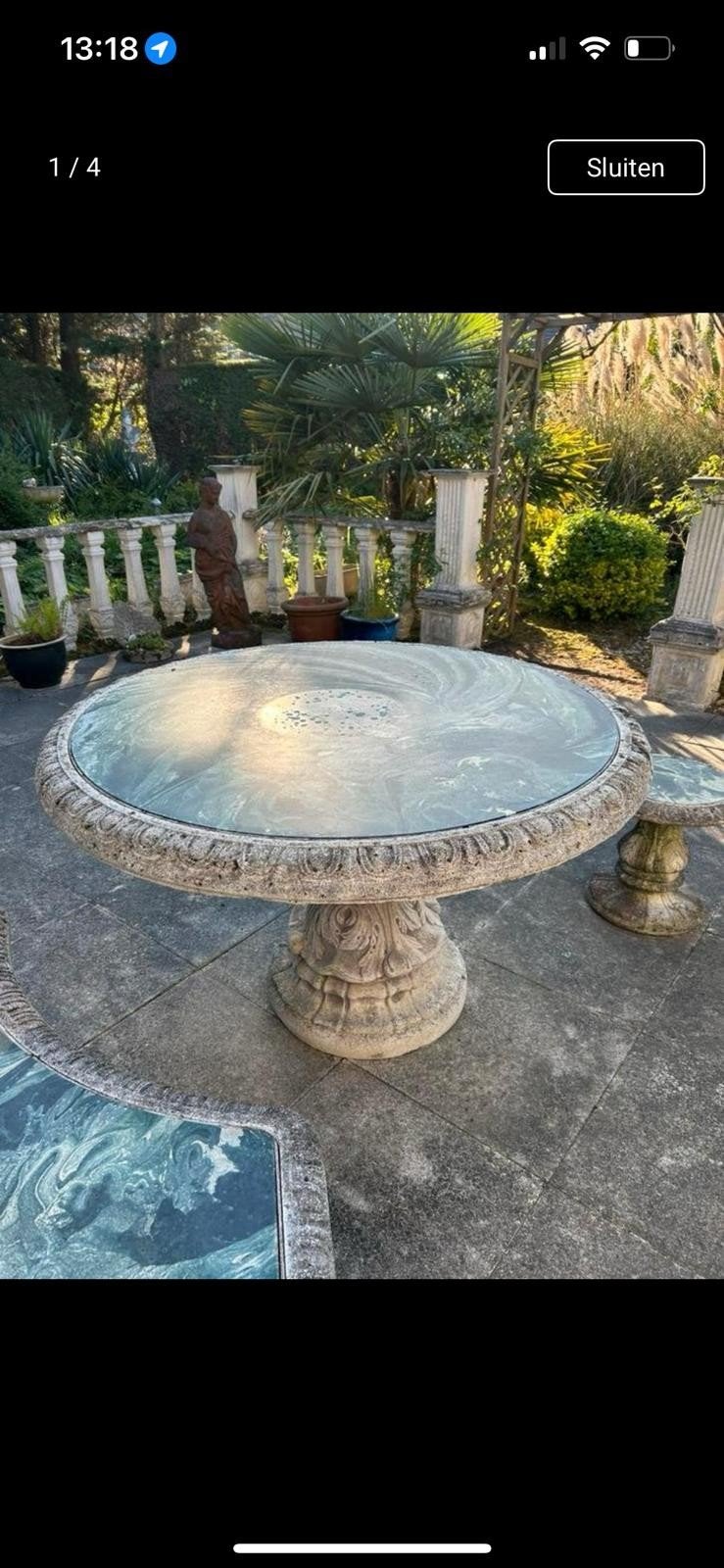 Brocante stenen Italiaanse tuinset., Ophalen, Gebruikt, Tuinset, Eettafel