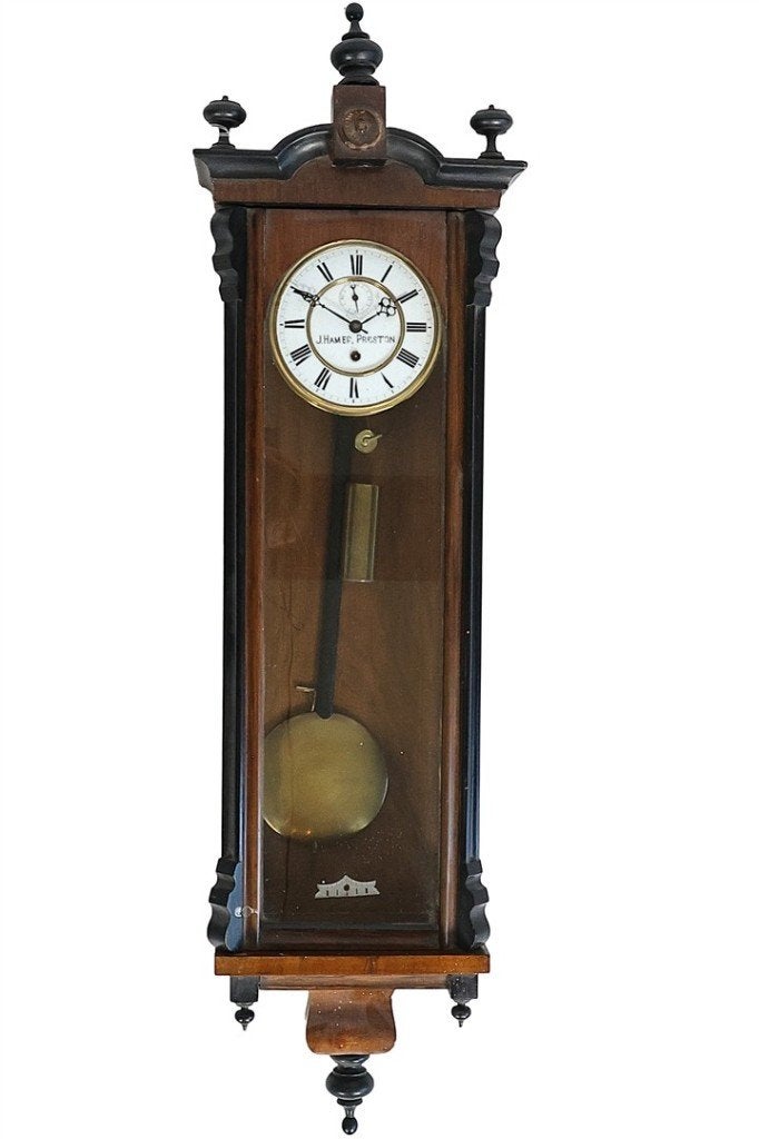 Mahonie regulateur J. Hamer Preston, laat 19e eeuw, Ophalen, Met gewichten, Bruin, Analoog