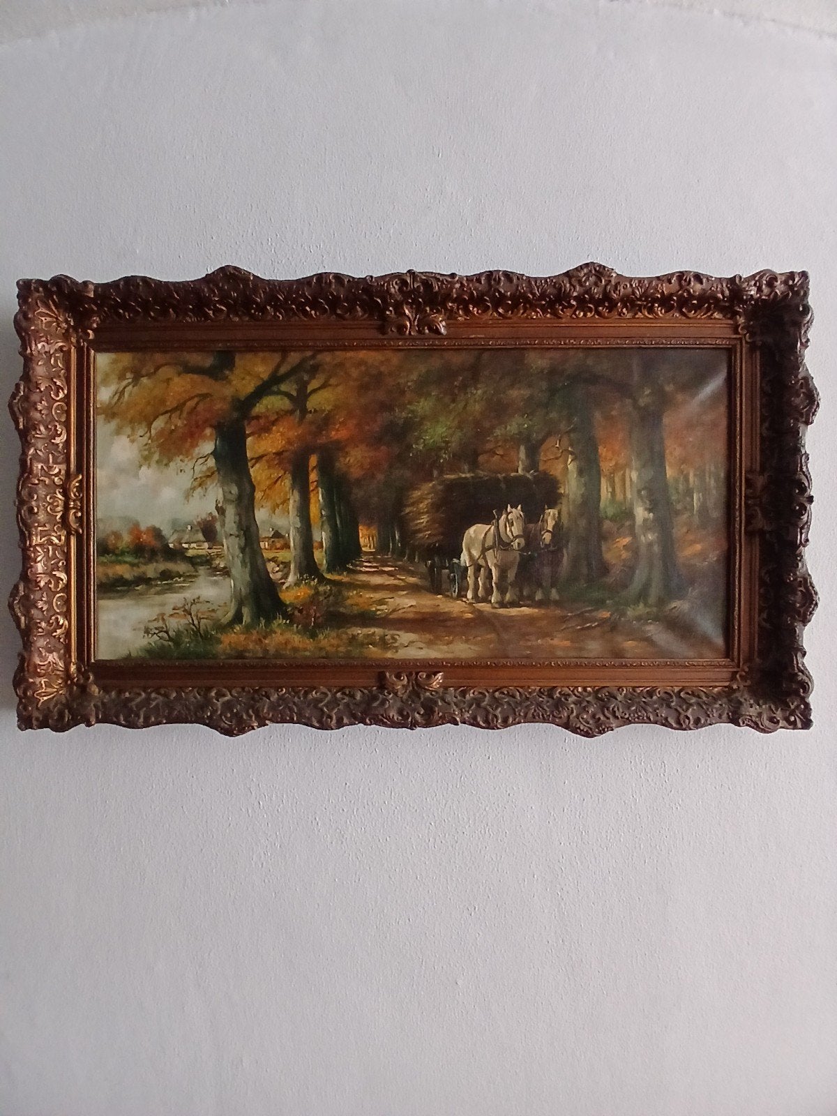 Schilderij: Herfstlandschap met paard en wagen anton muller, Ophalen of Verzenden