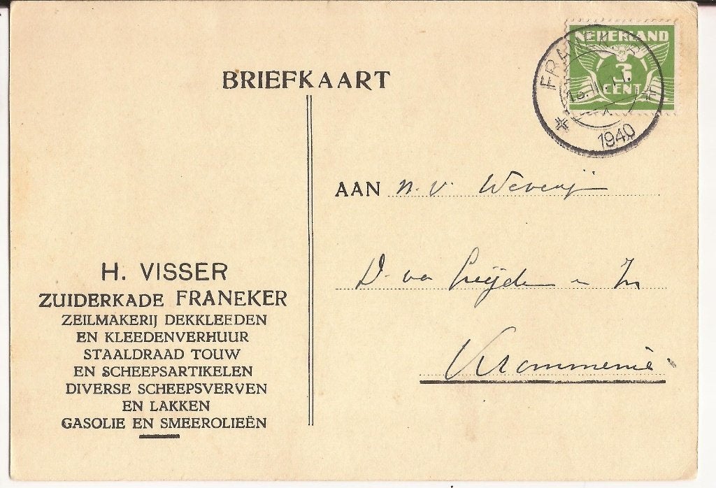 FRANEKER 1940 H. VISSER Zuiderkd Zeilmakerij Scheepsartik, Ophalen of Verzenden, 1940 tot 1960, Gelopen, Friesland