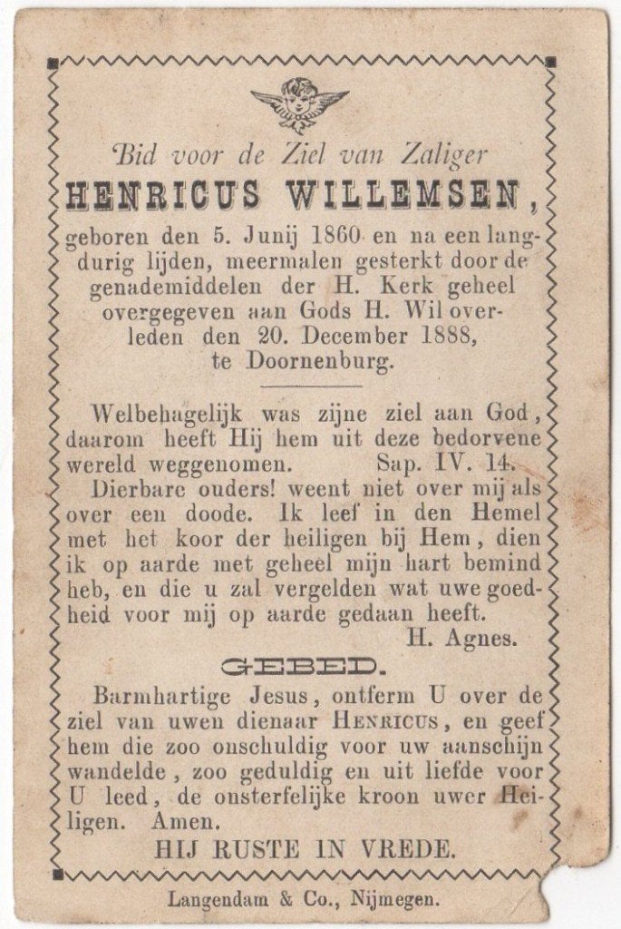 Henricus Willemsen 1860 + 1888 Doornenburg, 28 jaar oud, Verzenden