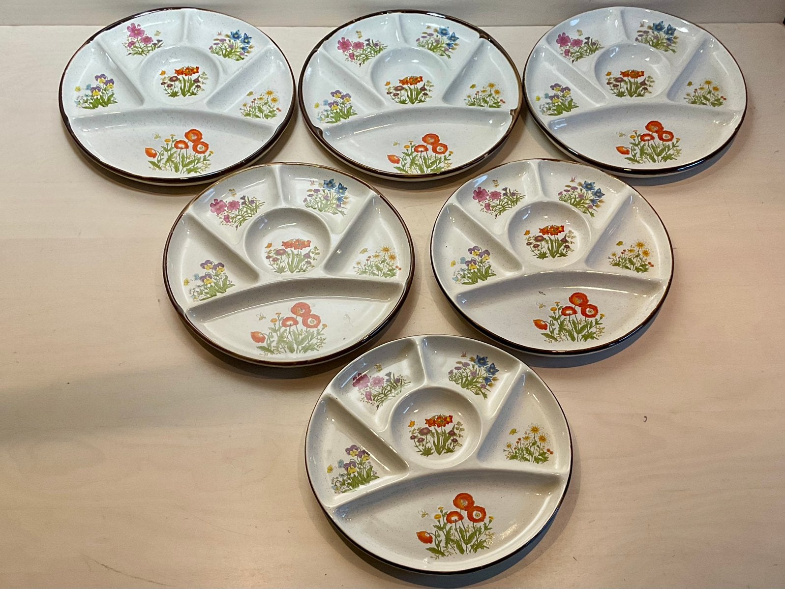 Zes vintage Wildflower fondueborden, Overige typen, Ophalen of Verzenden, Overige stijlen, Glas