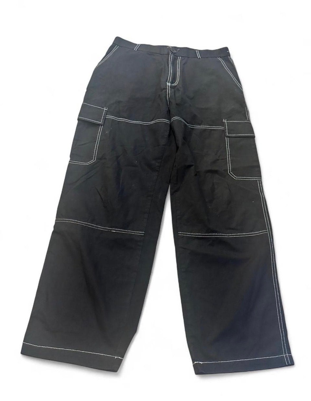Y2K Wide Leg Cargo Broek W30 L29 Zwart Contrast Stiksels, Maat 38/40 (M), Zwart, Ophalen of Verzenden, Lang