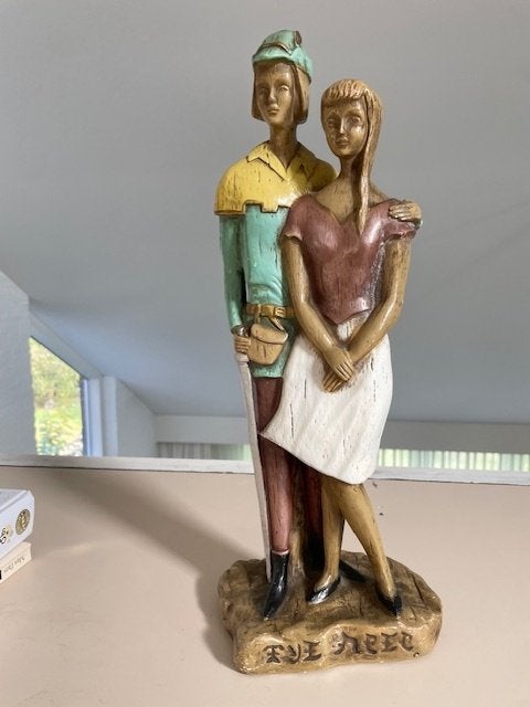 Vintage stenen beeld Tijl Uilenspiegel en Nele. Joris Dauwe, Ophalen, Groep mensen, 20 - 50 cm, Steen of Keramiek
