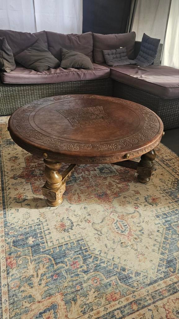 Lederen inca salontafel, Ophalen, Gebruikt, 100 tot 150 cm, Rond