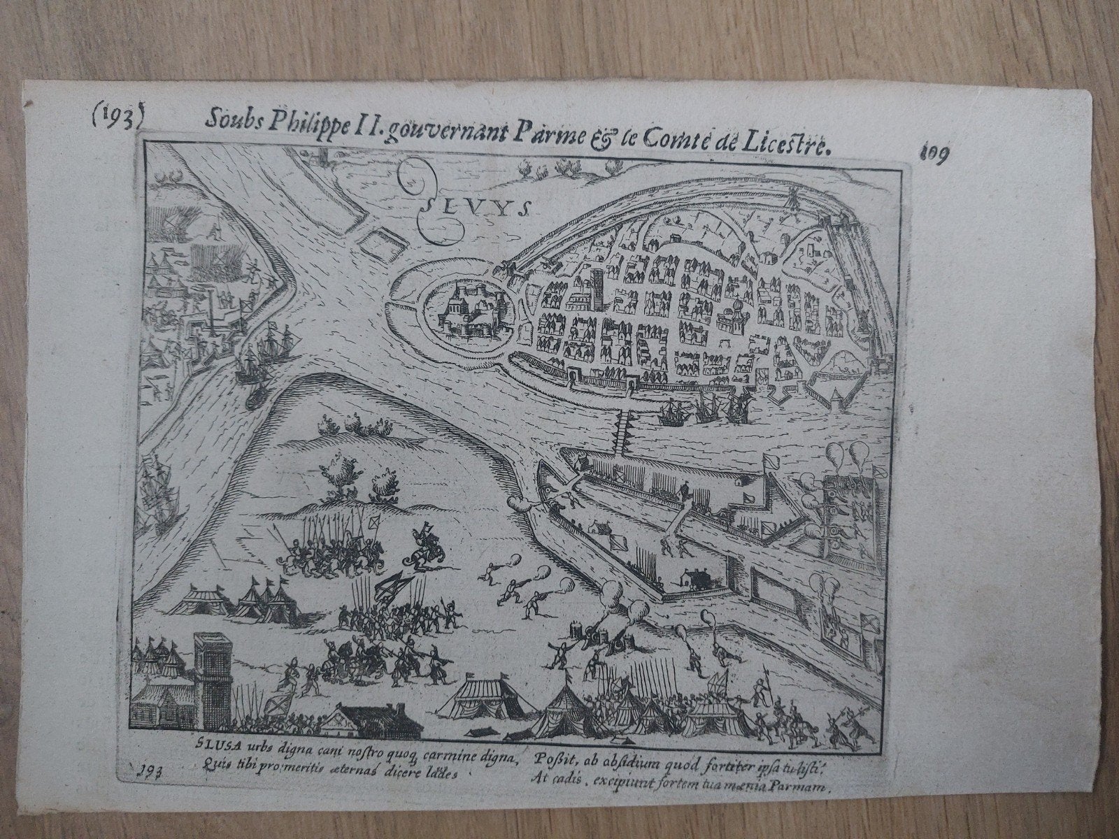 64a Plattegrond Sluis Originele gravure uit 1616 F Hogenberg, Stadsgezicht, Gravure, 13 cm, 16 cm