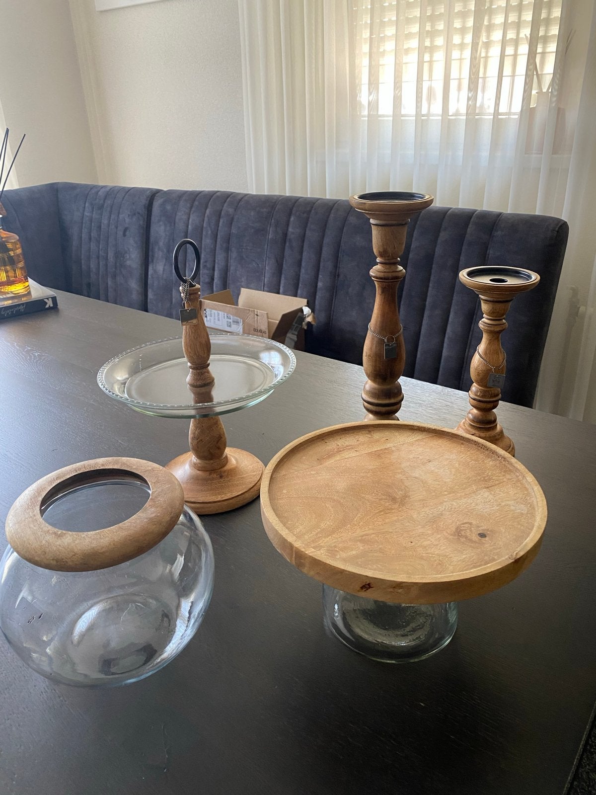 Riviera Maison decoratieset: etagère, schaal en kandelaars, Ophalen, Hout, Bruin, Landelijk