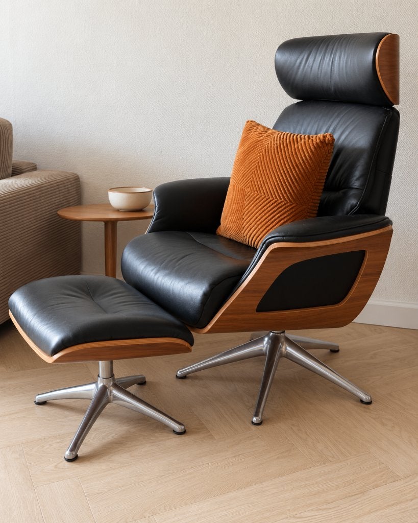 lexlux  relaxfauteuil met voetenbank zwart leer en notenhout, Hout, Modern design, 75 tot 100 cm, Ophalen of Verzenden