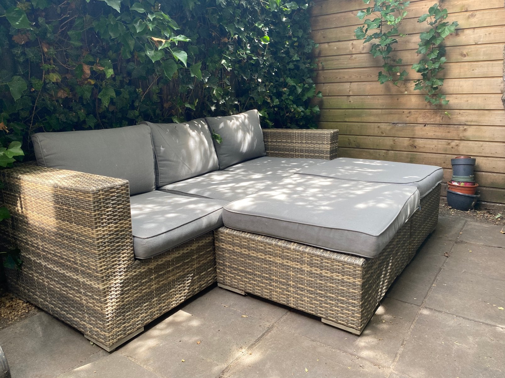 Loungeset (bank+hockers), Tuin en Terras, Ophalen, Kunststof, Gebruikt, 3 zitplaatsen