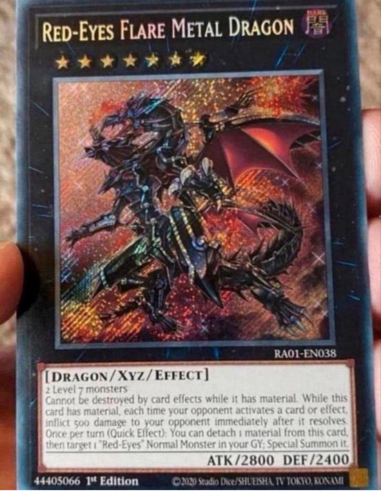 Yu-Gi-Oh! Red Eyes Flare Metal Dragon RA01 1st Edition !, Ophalen of Verzenden, Zo goed als nieuw, Losse kaart, Foil