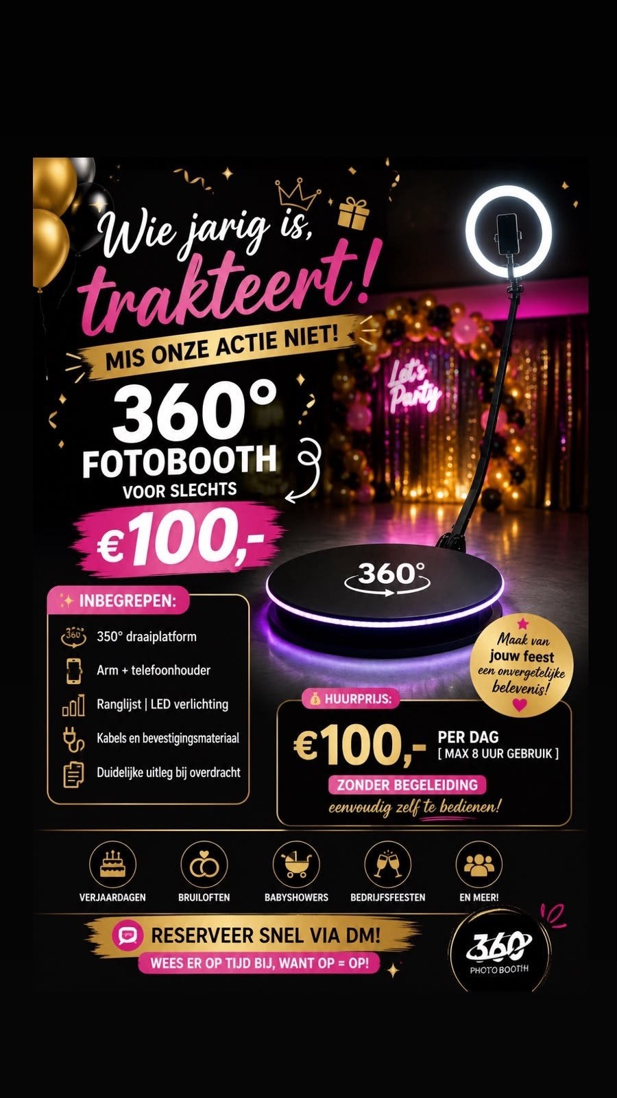360 photo booth  100,- euro per dag, Ophalen of Verzenden, Zo goed als nieuw, Overige