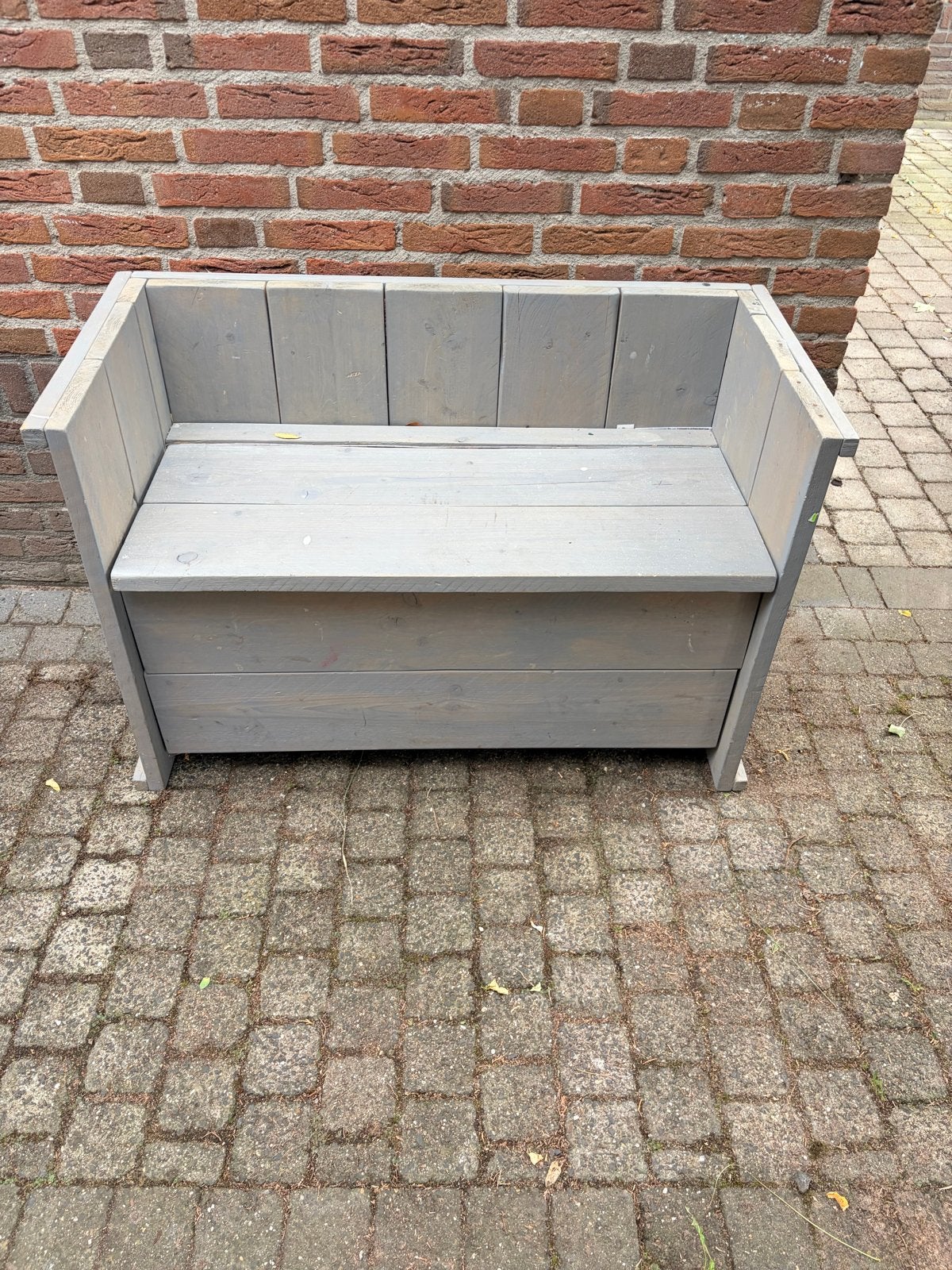 Houten tuinbank met opbergruimte - Grijs, Tuin en Terras, Ophalen, Gebruikt, Hout