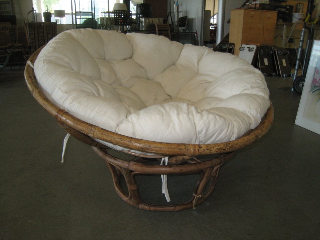 Vintage rotan Papasan loungestoel met wit kussen, Niet ingevuld, Gebruikt, Niet ingevuld, Niet ingevuld