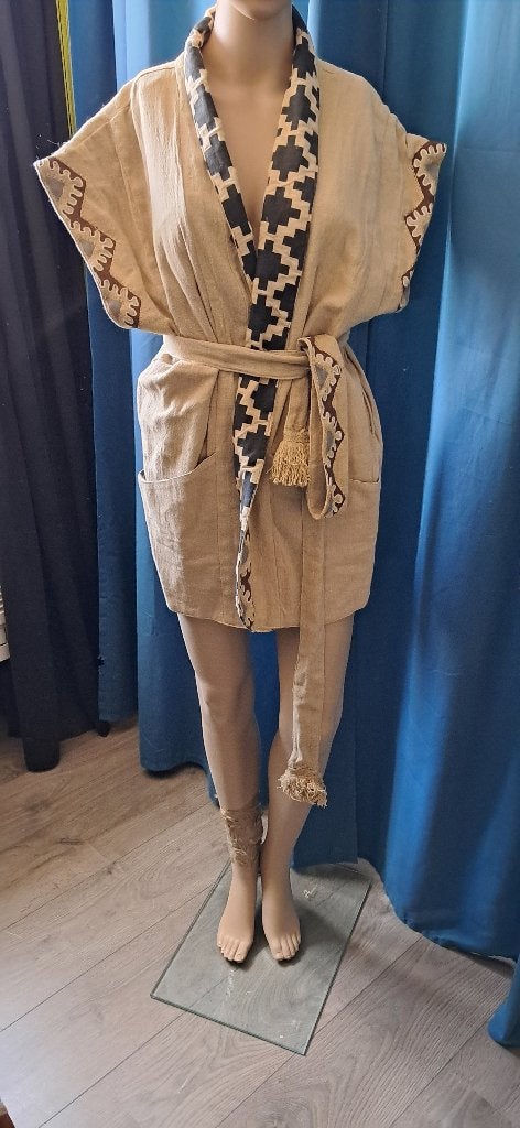 Linnen kimono/badjas met etnische print xl/xxl, Kleding | Dames, Isla bonita, Verzenden, Beige, Maat 46/48 (XL) of groter