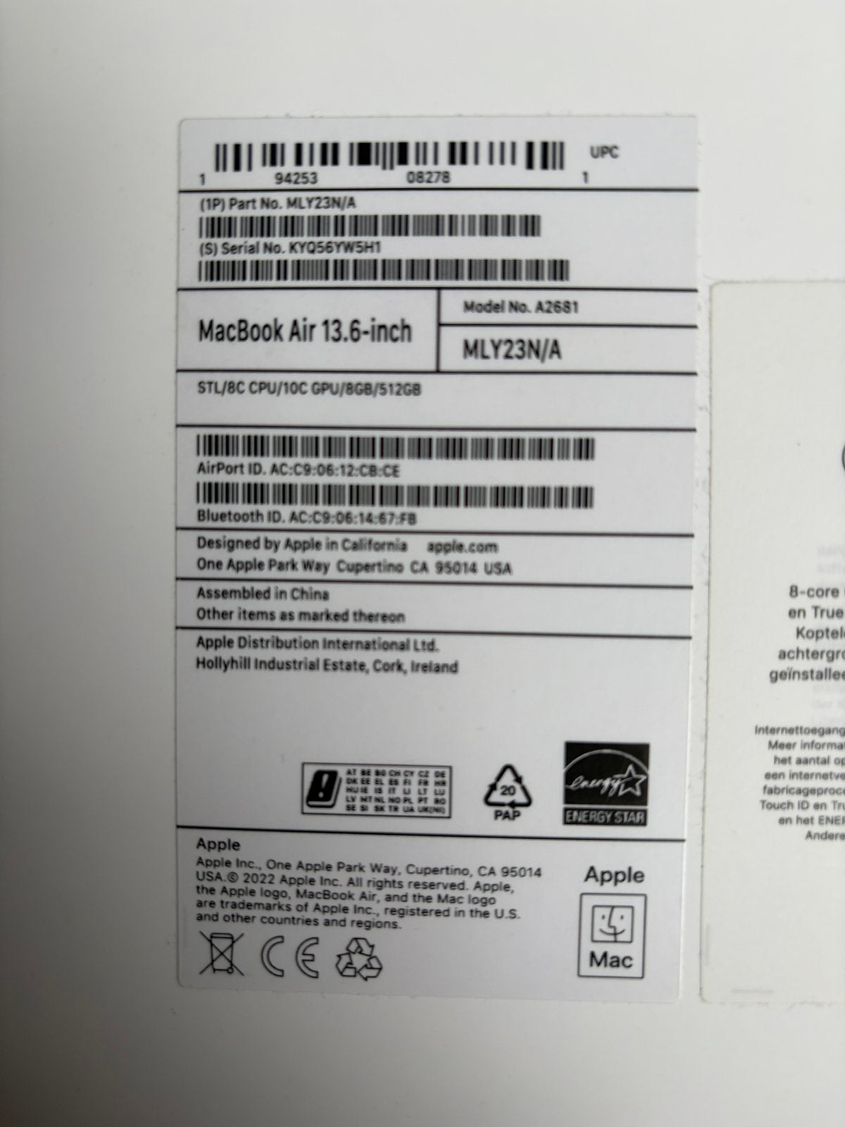 Apple MacBook Air M2 2022, 2 tot 3 Ghz, Qwerty, 8 GB, 13 inch