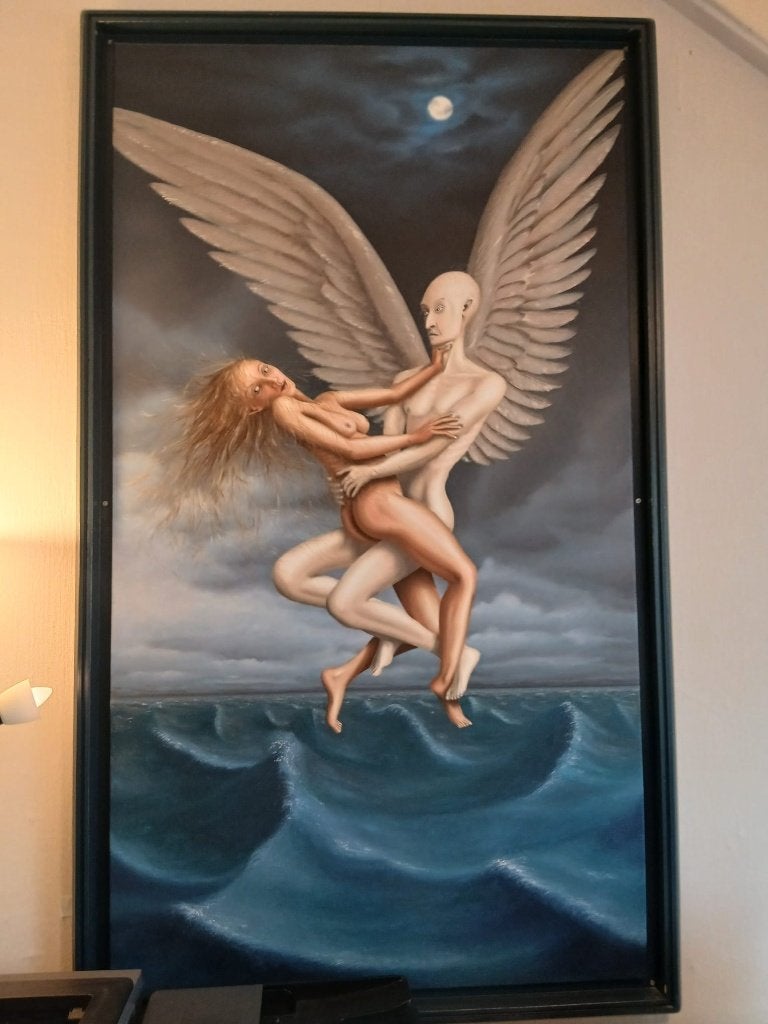 Groot Surrealistisch Schilderij (I), Antiek en Kunst, Kunst | Schilderijen | Modern, Ophalen, Hout, Olieverf, Figuren