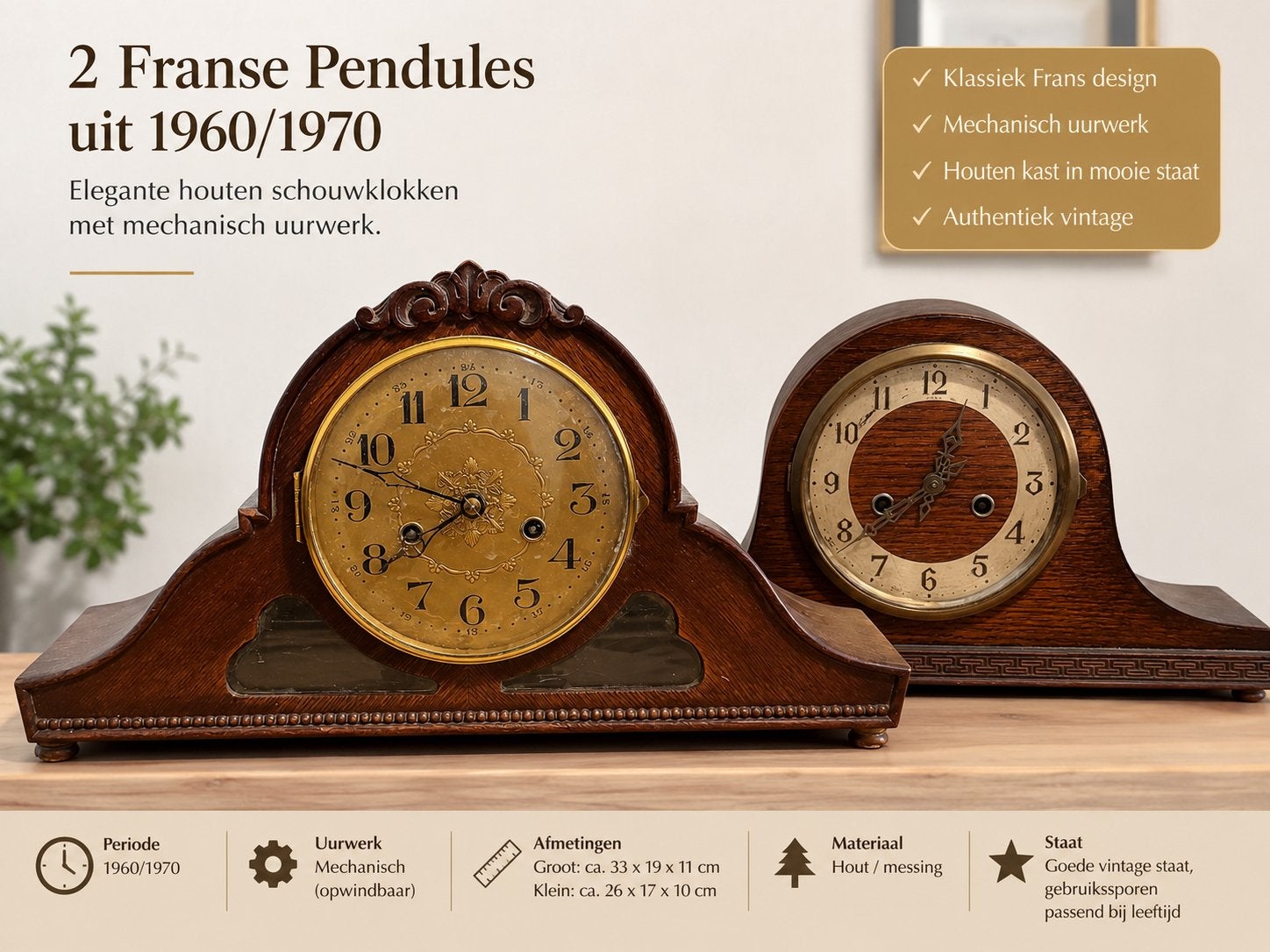 2 Vintage Houten Klokken  Franse Pendule- Jaren '50/'60, Antiek en Kunst, Ophalen