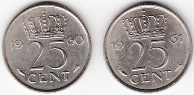 Nederland 25 cent 1960 en 1961 Juliana beide UNC, Postzegels en Munten, Ophalen of Verzenden, Koningin Juliana, 25 cent, Setje