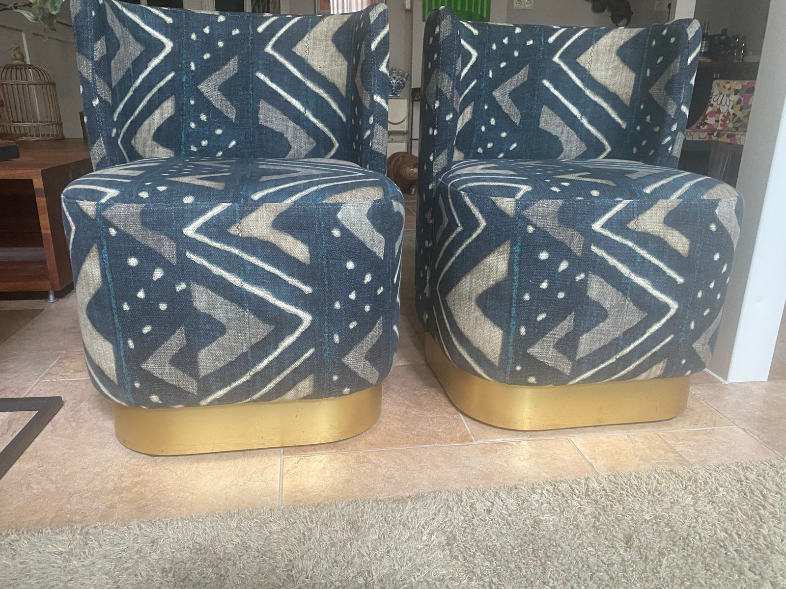 2 unieke fauteuils Keijser&Co,Afrikaanse print. Waarde 2100€, Huis en Inrichting, Stoelen, Twee, Blauw, Ophalen of Verzenden, Zo goed als nieuw