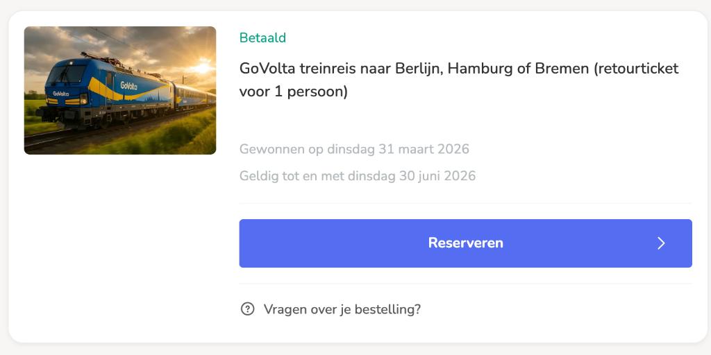 Trein retour 1p naar Berlijn, Hamburg of Bremen (GoVolta), Tickets en Kaartjes, Twee personen, Trein, Met bestemming of datum