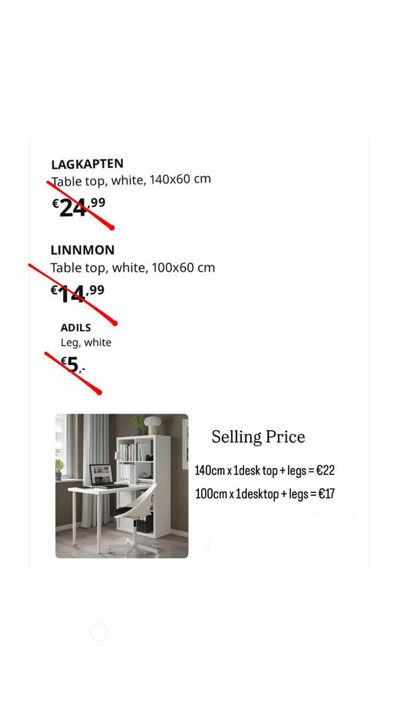 IKEA LAGKAPTEN/ADILS Bureau Wit 140x60 cm, Ophalen, Spaanplaat of MDF, Zo goed als nieuw, IKEA