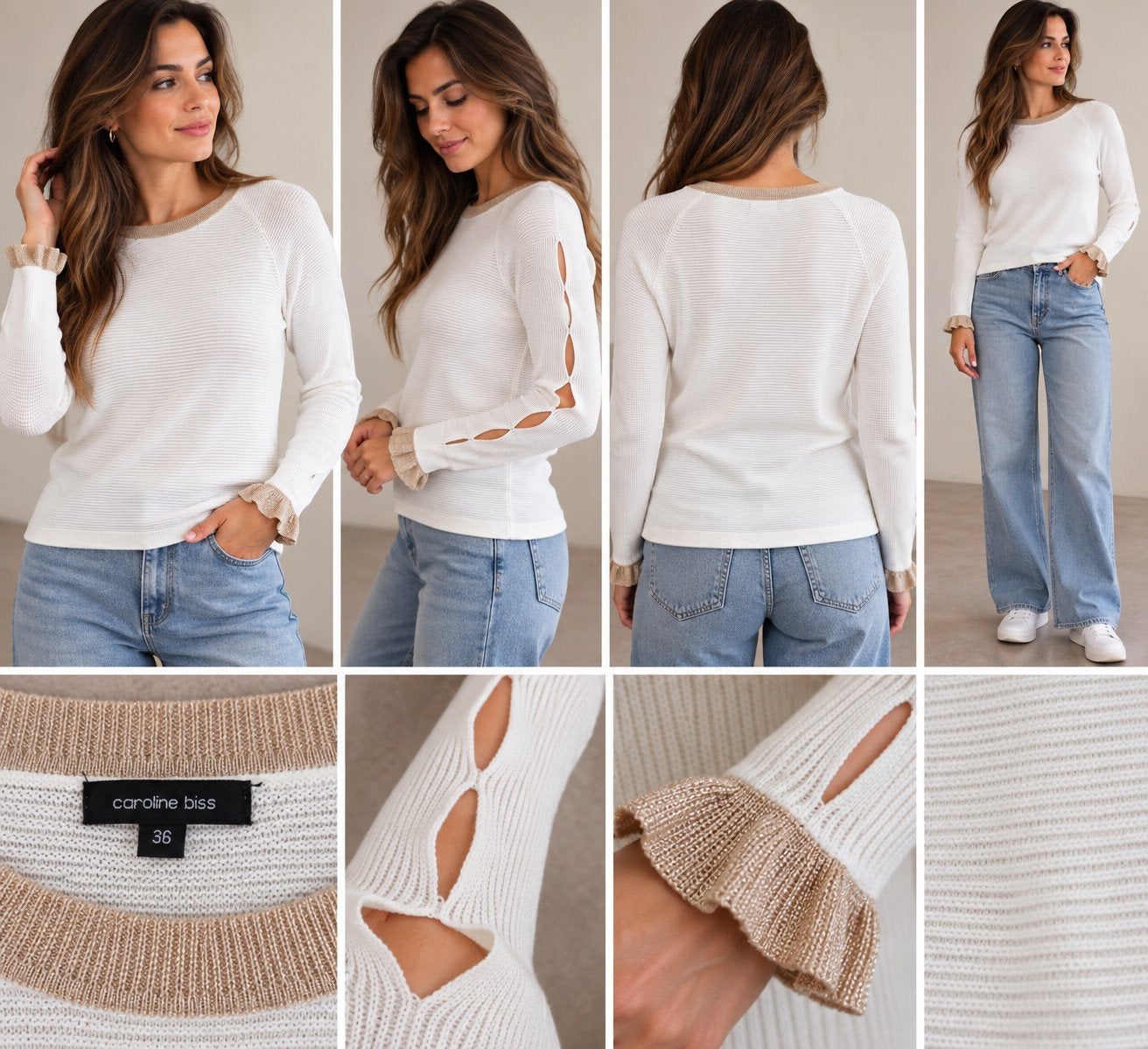 Caroline Biss Trui Ecru/Wit met Beige Details Maat 36, Wit, Nieuw, Ophalen of Verzenden, Lange mouw