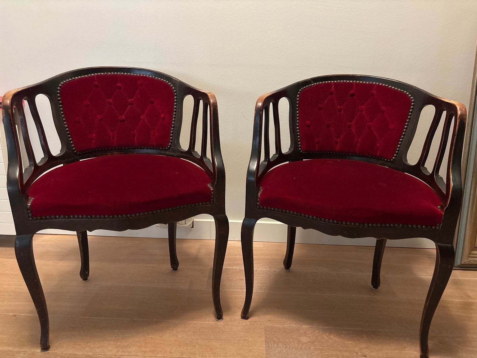 Set van 2 antieke fauteuils met rood fluweel, Antiek en Kunst, Ophalen
