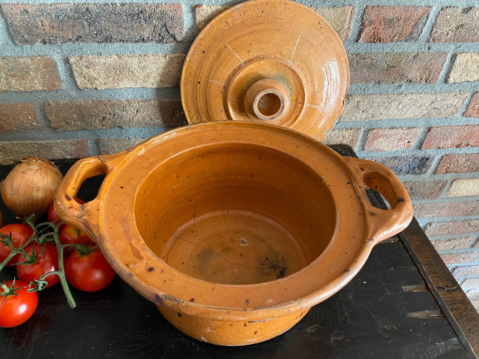 Brocante oude Franse aardewerken kookpot met deksel, Ophalen of Verzenden