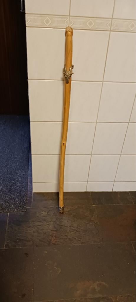 WANDELSTOK HANDGEMAAKT UIT EEN HOUTEN TAK MET RAMSKOP ER OP, Ophalen of Verzenden