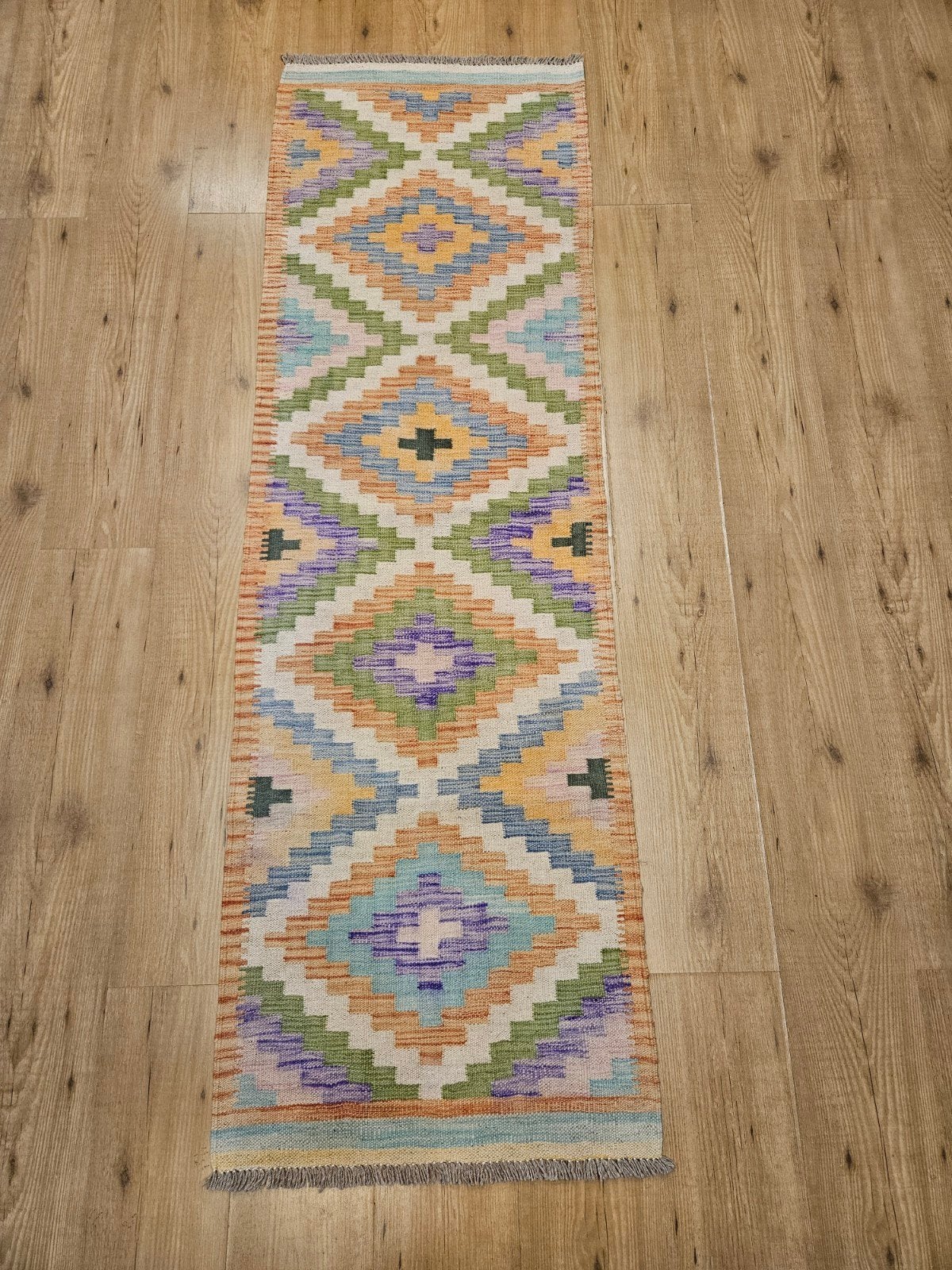 Handgeweven oosterse wollen kelim loper 200x61, Huis en Inrichting, Stoffering | Tapijten en Kleden, Vof Slats Antiek, 50 tot 100 cm