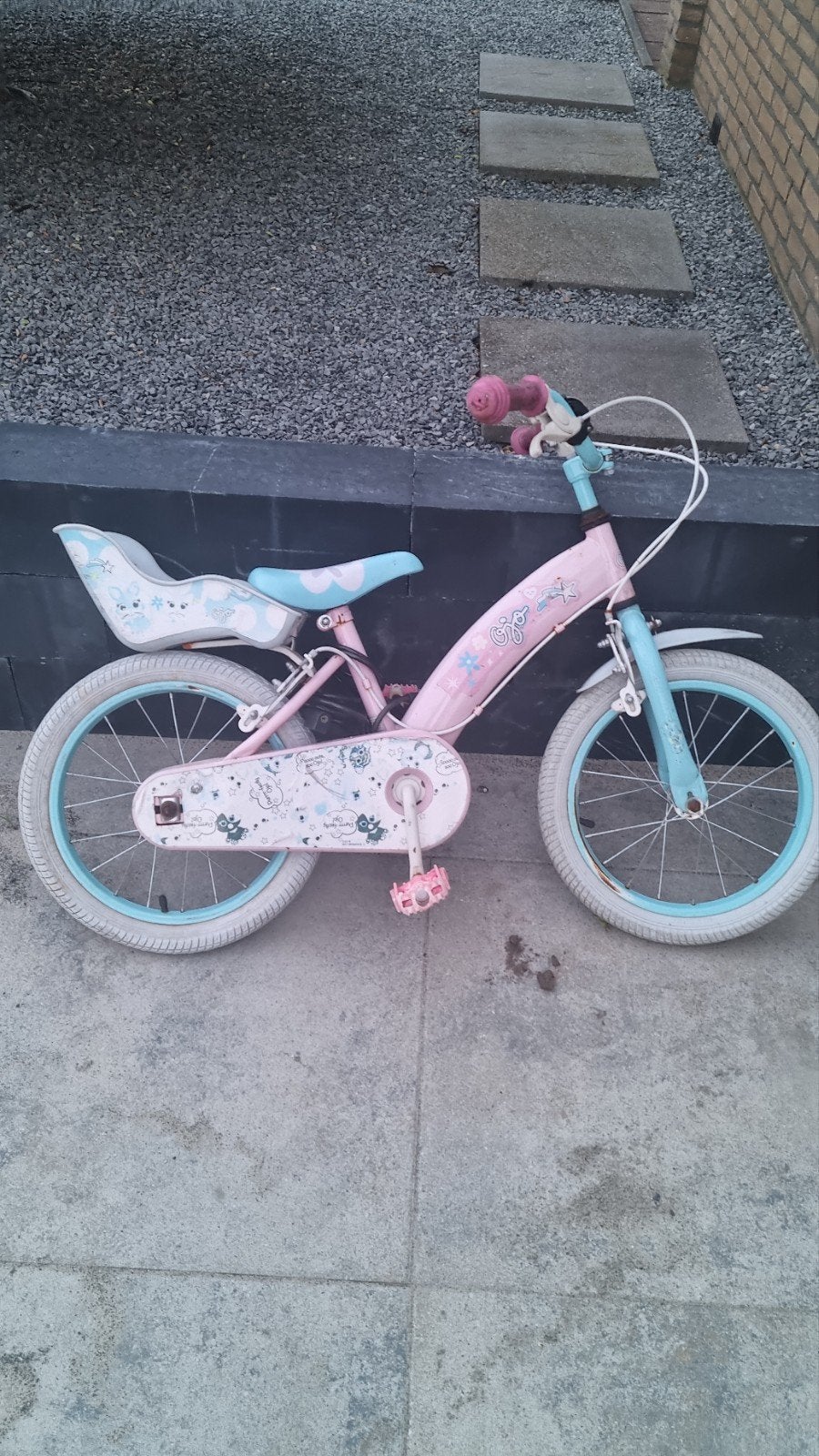 Roze kinderfiets met zijwieltjes en poppenzitje, Ophalen, Zijwieltjes, 16 tot 20 inch, Gebruikt