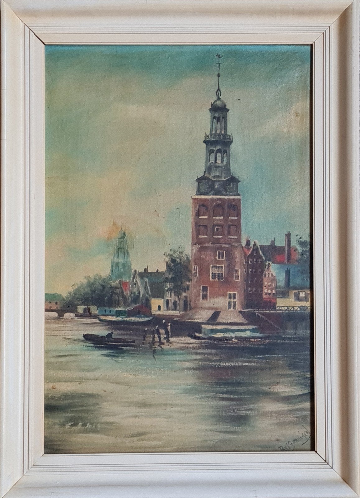 Olieverf schilderij Montelbaanstoren Amsterdam, Antiek en Kunst, Ophalen, Doek, Olieverf, Klassiek