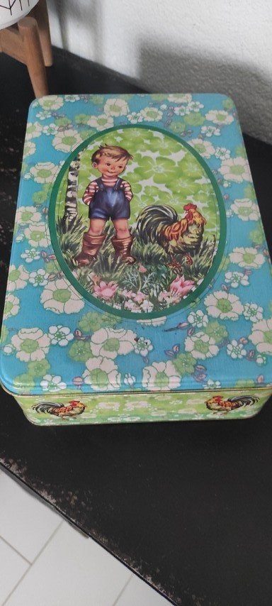 Vintage blik groen blauw hanen jongetje bloemen, Ophalen of Verzenden, Gebruikt, Overige, Overige merken