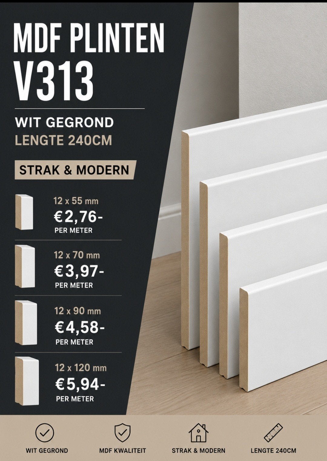 MDF Plinten V313 Wit Gegrond - Strak & Modern, Ophalen, Nieuw, Mdf, 200 tot 250 cm