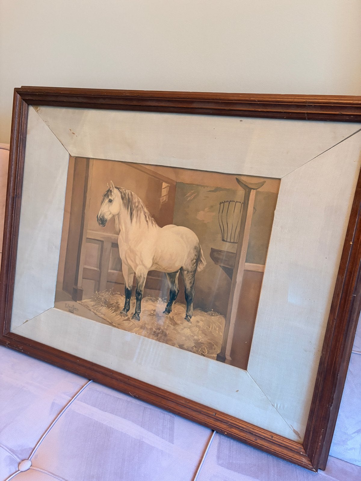 Ingelijste kunstwerk Paard in Stal - E. Janssen 1884, Antiek en Kunst, Kunst | Etsen en Gravures, Ophalen, 69 cm, 1800 - 1899