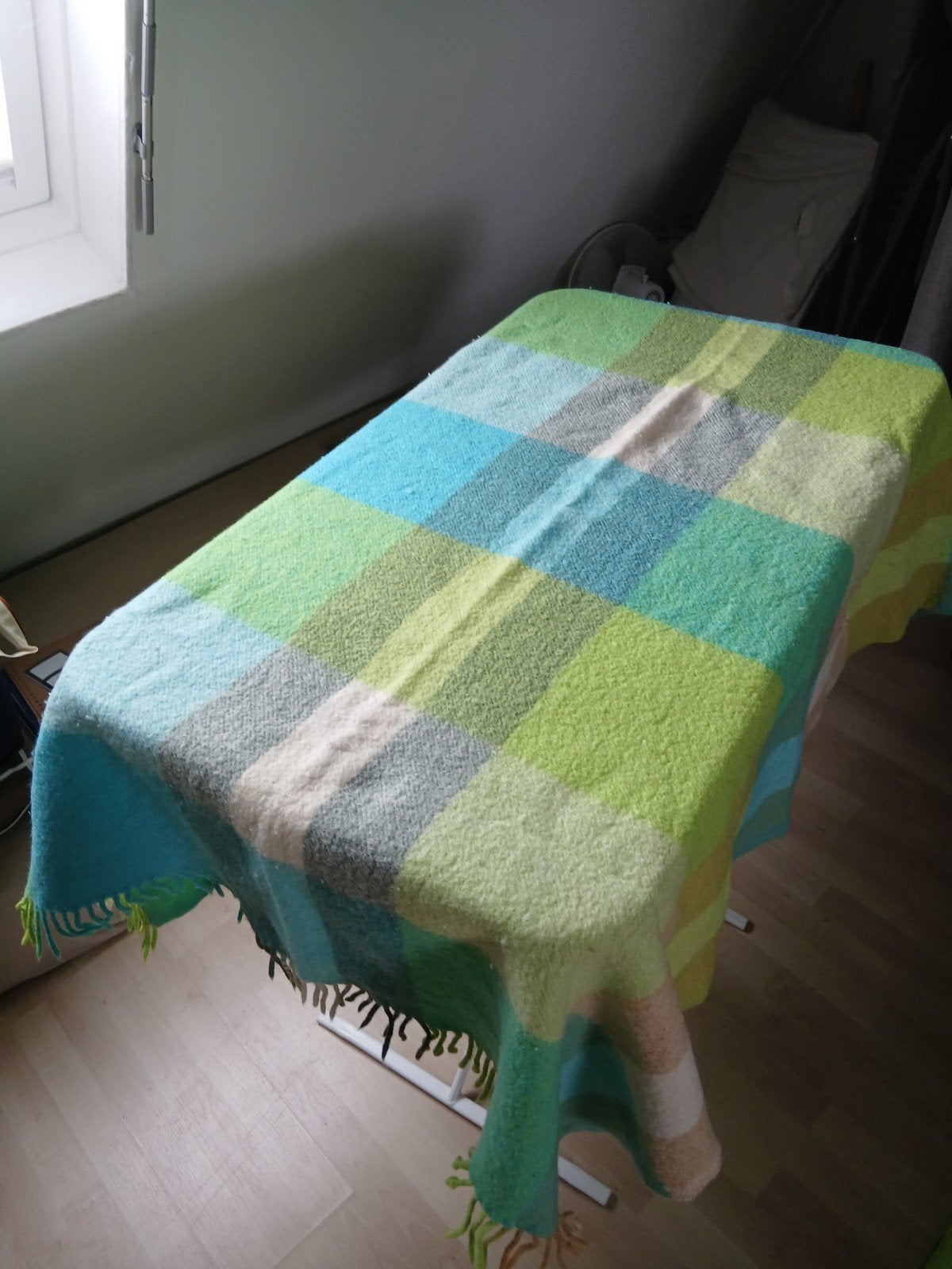 Wollen deken groen turquoise tinten geblokt, Gebruikt, 125 cm, Wol, 150 cm