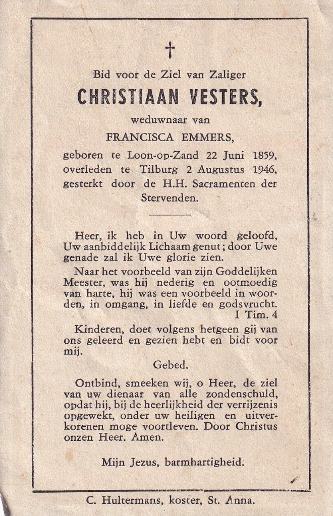 Vesters Chritiaan 1859 Loon op Zand 1946 Tilburg, Ophalen of Verzenden, Bidprentje