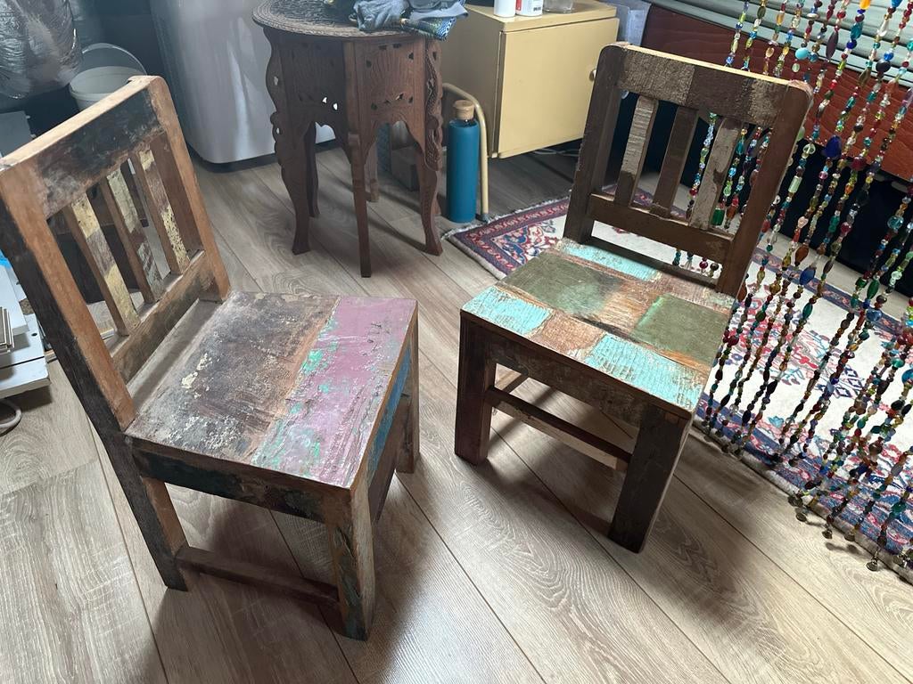 2 Otentic Design kinderstoeltjes van teakhout, Ophalen, Gebruikt, Overige typen