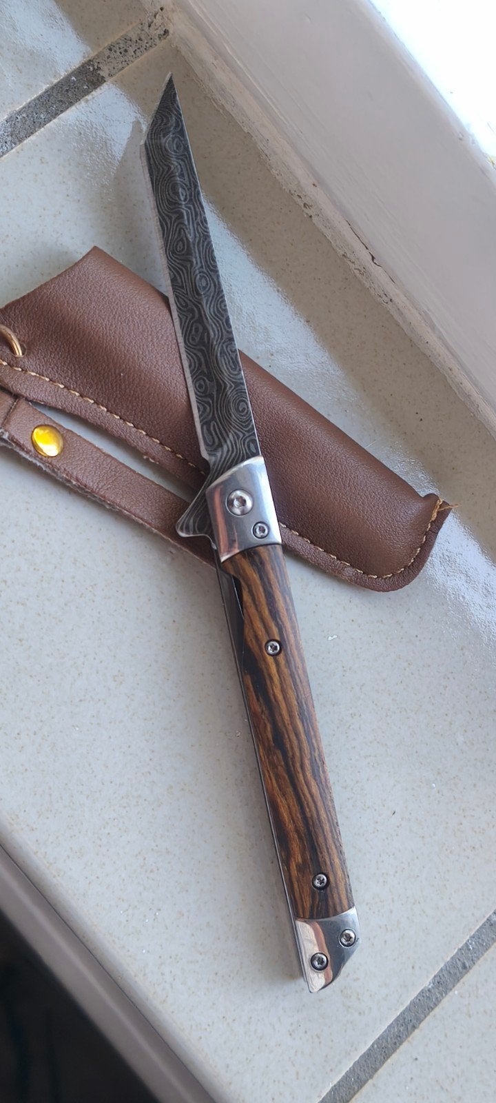 Zakmes met Damascus lemmet en leren etui, Ophalen of Verzenden, Nieuw