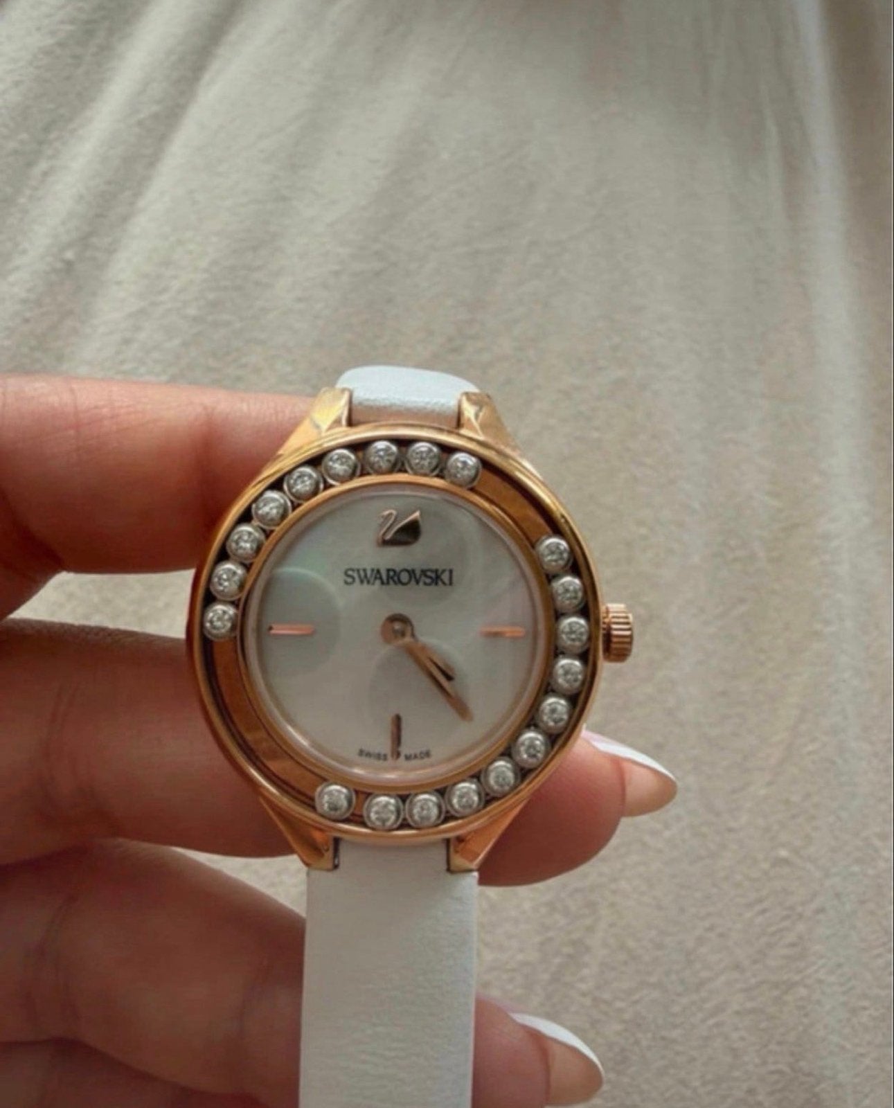 Swarovski horloge met strass en wit leren bandje, Overige merken, Leer, Staal, Polshorloge