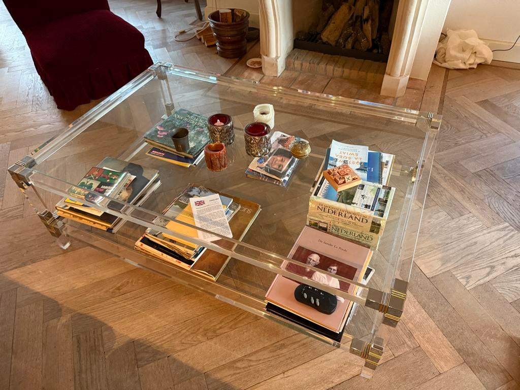Stijlvolle Glazen Salontafel met Messing Details, Huis en Inrichting, Tafels | Salontafels, Ophalen, 100 tot 150 cm, 50 tot 100 cm
