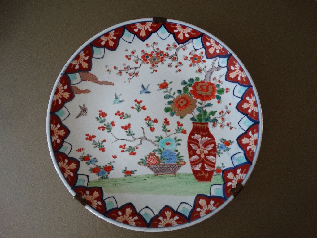 Groot imari wandbord bloemenvaas vogels 19e eeuw 37 cm, Antiek en Kunst, Antiek | Wandborden en Tegels, Ophalen